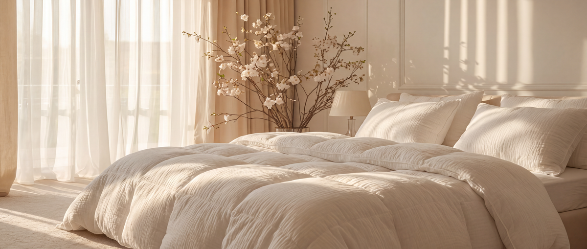 Schlafzimmer mit weißer Musselin-Bettwäsche und Kirschblütenzweig